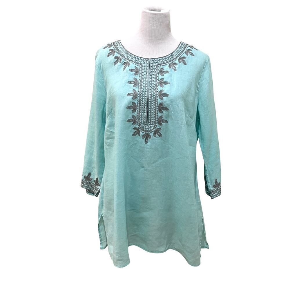 NWT Saks Fifth Avenue Women's Embroidered Tunic Top 100% Linen Mint Blue
